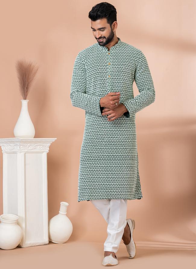 Georgette Rama Green Festival Wear Weaving Kurta Pajama